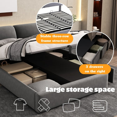 Upholstered King Size Hydraulic Bed with Three Drawers, Bed Box For Storage & Slatted Frame With Headboard, Without Mattress